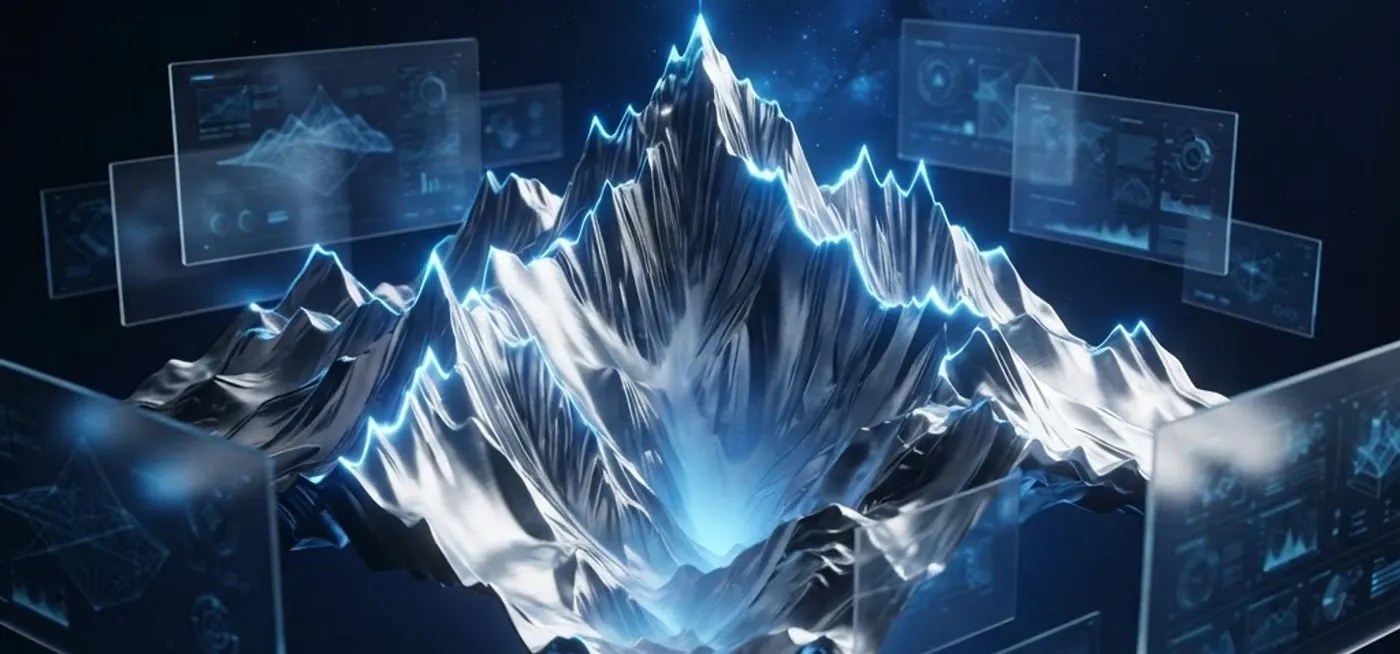 A metallic silver mountain range with electric-blue light rising from the valley and a blue signal star above the highest summit